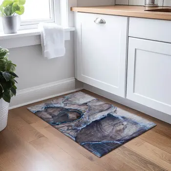 2' X 3' Navy Blue Abstract Washable Non Skid Indoor Outdoor Area Rug