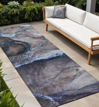 8' Runner Navy Blue Abstract Washable Non Skid Indoor Outdoor Runner Rug