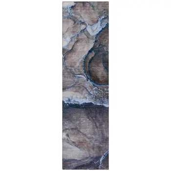 8' Runner Navy Blue Abstract Washable Non Skid Indoor Outdoor Runner Rug