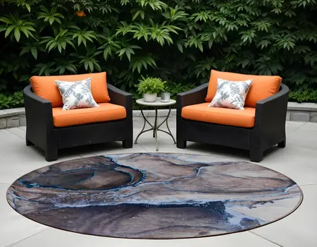 8' Round Navy Blue Round Abstract Washable Non Skid Indoor Outdoor Area Rug