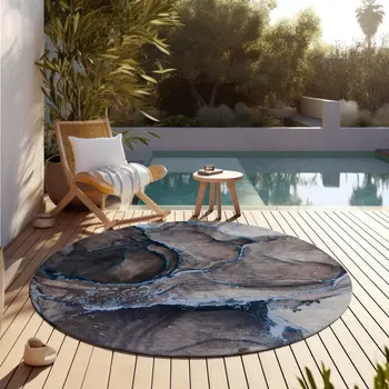 8' Round Navy Blue Round Abstract Washable Non Skid Indoor Outdoor Area Rug