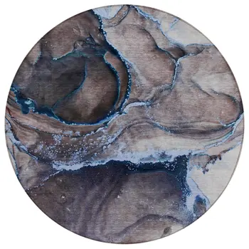 8' Round Navy Blue Round Abstract Washable Non Skid Indoor Outdoor Area Rug