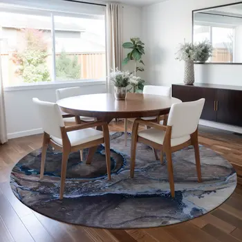 8' Round Navy Blue Round Abstract Washable Non Skid Indoor Outdoor Area Rug