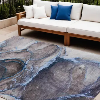 8' X 10' Navy Blue Abstract Washable Indoor Outdoor Area Rug