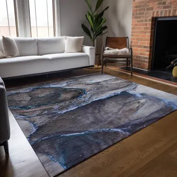 8' X 10' Navy Blue Abstract Washable Indoor Outdoor Area Rug