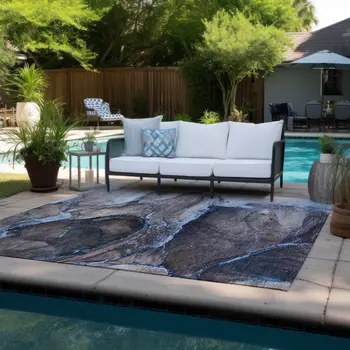 10' X 14' Navy Blue Abstract Washable Non Skid Indoor Outdoor Area Rug