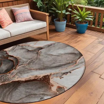 8' Round Peach Round Abstract Washable Non Skid Indoor Outdoor Area Rug