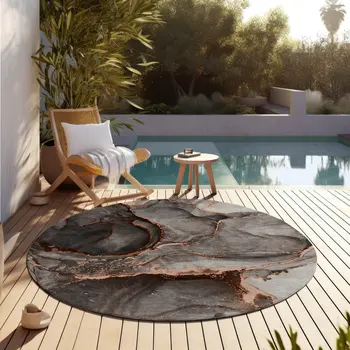 8' Round Peach Round Abstract Washable Non Skid Indoor Outdoor Area Rug