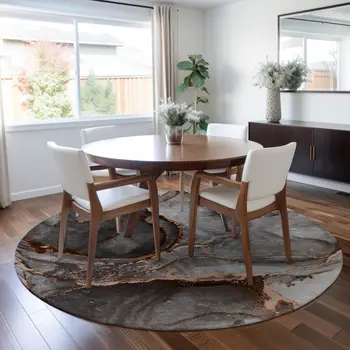 8' Round Peach Round Abstract Washable Non Skid Indoor Outdoor Area Rug