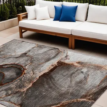 10' X 14' Peach Abstract Washable Non Skid Indoor Outdoor Area Rug