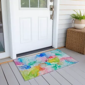 2' X 3' Blue Abstract Washable Non Skid Indoor Outdoor Area Rug