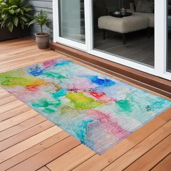 2' X 3' Blue Abstract Washable Non Skid Indoor Outdoor Area Rug