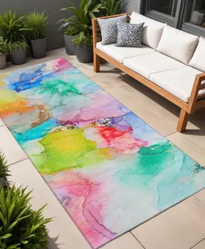 8' Runner Blue Abstract Washable Non Skid Indoor Outdoor Runner Rug