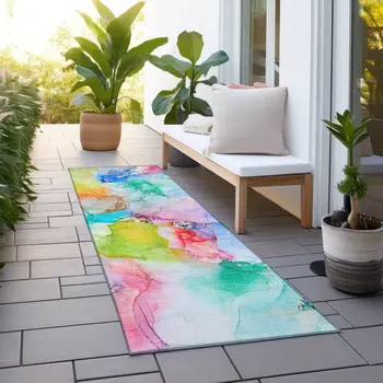 8' Runner Blue Abstract Washable Non Skid Indoor Outdoor Runner Rug