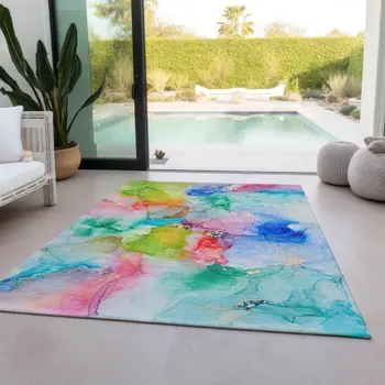 8' X 10' Blue Pink and Green Abstract Washable Indoor Outdoor Area Rug