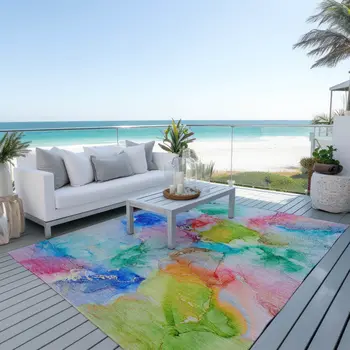 9' X 12' Blue Pink and Green Abstract Washable Indoor Outdoor Area Rug