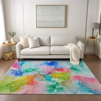 9' X 12' Blue Pink and Green Abstract Washable Indoor Outdoor Area Rug