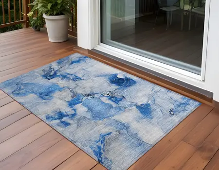 2' X 3' Navy Blue Abstract Washable Indoor Outdoor Area Rug
