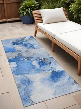2' X 8' Navy Blue Abstract Washable Indoor Outdoor Runner Rug