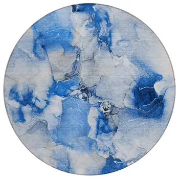 8' Navy Blue Round Abstract Washable Indoor Outdoor Area Rug