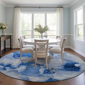 8' Navy Blue Round Abstract Washable Indoor Outdoor Area Rug