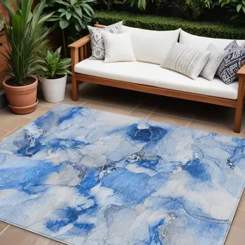 8' X 10' Navy Blue Abstract Washable Indoor Outdoor Area Rug