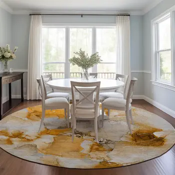 8' X 8' Orange and Ivory Round Abstract Washable Indoor Outdoor Area Rug