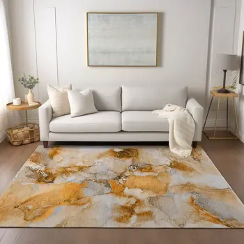 8' X 10' Orange and Ivory Abstract Washable Indoor Outdoor Area Rug