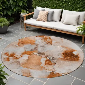 8' Round Orange and Ivory Round Abstract Washable Non Skid Indoor Outdoor Area Rug