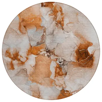 8' Round Orange and Ivory Round Abstract Washable Non Skid Indoor Outdoor Area Rug