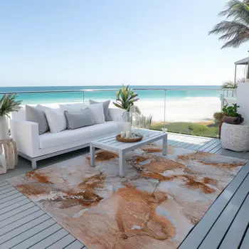 8' X 10' Orange and Ivory Abstract Washable Indoor Outdoor Area Rug