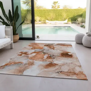 8' X 10' Orange and Ivory Abstract Washable Indoor Outdoor Area Rug
