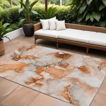 10' X 14' Orange and Ivory Abstract Washable Indoor Outdoor Area Rug