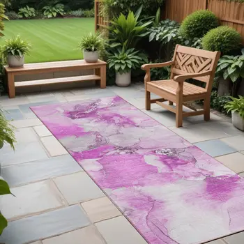 2' X 8' Pink and Ivory Abstract Washable Indoor Outdoor Runner Rug