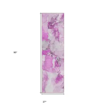 2' X 8' Pink and Ivory Abstract Washable Indoor Outdoor Runner Rug