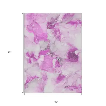 5' X 8' Pink and Ivory Abstract Washable Non Skid Indoor Outdoor Area Rug