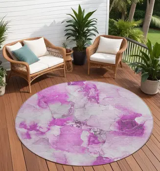 8' Round Pink and Ivory Round Abstract Washable Non Skid Indoor Outdoor Area Rug