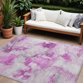 8' X 10' Pink and Ivory Abstract Washable Non Skid Indoor Outdoor Area Rug