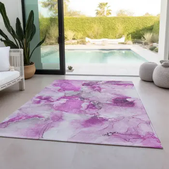 8' X 10' Pink and Ivory Abstract Washable Non Skid Indoor Outdoor Area Rug