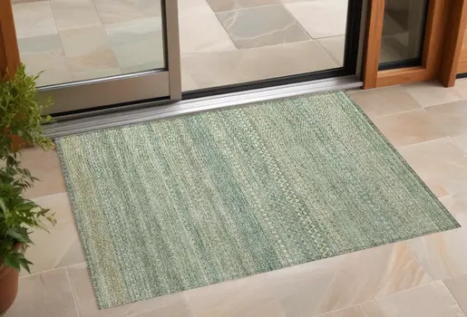2' X 3' Artichoke Green Striped Washable Non Skid Indoor Outdoor Area Rug
