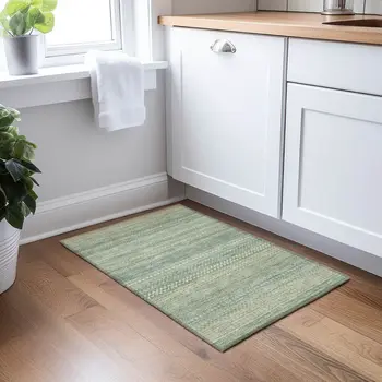 2' X 3' Artichoke Green Striped Washable Non Skid Indoor Outdoor Area Rug