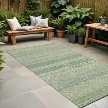 2' X 8' Artichoke Green Striped Washable Indoor Outdoor Runner Rug