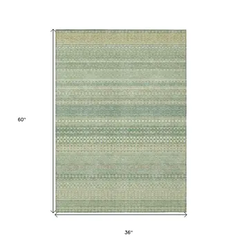 3' X 5' Artichoke Green Striped Washable Non Skid Indoor Outdoor Area Rug