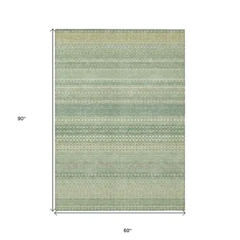 5' X 8' Artichoke Green Striped Washable Non Skid Indoor Outdoor Area Rug