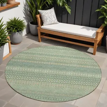 8' Round Artichoke Green Round Striped Washable Non Skid Indoor Outdoor Area Rug