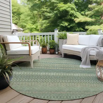 8' Round Artichoke Green Round Striped Washable Non Skid Indoor Outdoor Area Rug