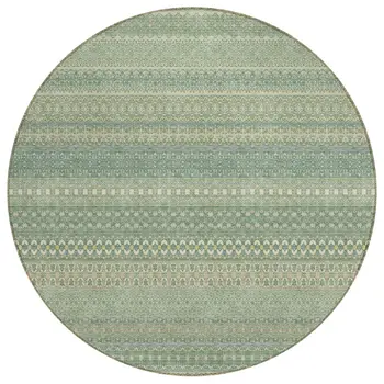8' Round Artichoke Green Round Striped Washable Non Skid Indoor Outdoor Area Rug