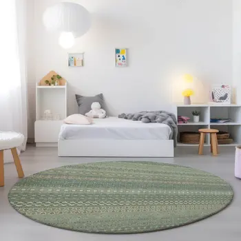 8' Round Artichoke Green Round Striped Washable Non Skid Indoor Outdoor Area Rug