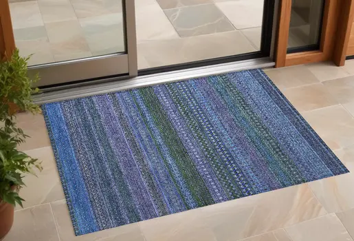 2' X 3' Blue and Green Striped Washable Non Skid Indoor Outdoor Area Rug