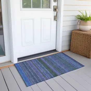 2' X 3' Blue and Green Striped Washable Non Skid Indoor Outdoor Area Rug